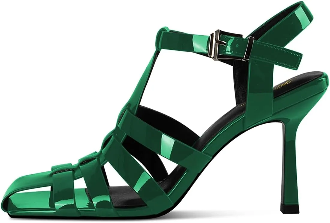 FOWT Women Fashion Square Toe Gladiator Sandals Strappy Stiletto High Heels Buckle Up Pumps Classic Party Office Summer Dress Shoes Size 4-16 US