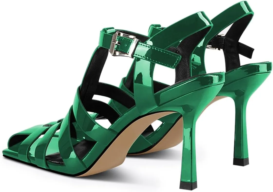 FOWT Women Fashion Square Toe Gladiator Sandals Strappy Stiletto High Heels Buckle Up Pumps Classic Party Office Summer Dress Shoes Size 4-16 US