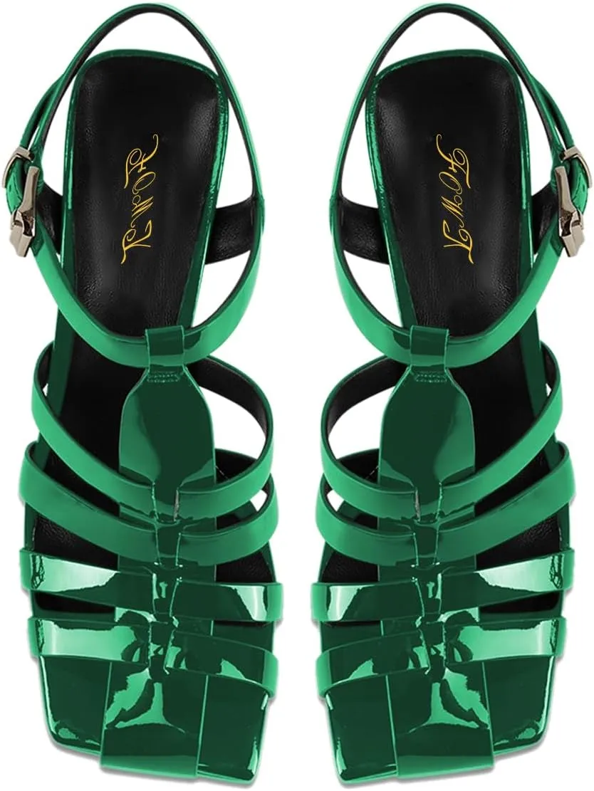 FOWT Women Fashion Square Toe Gladiator Sandals Strappy Stiletto High Heels Buckle Up Pumps Classic Party Office Summer Dress Shoes Size 4-16 US