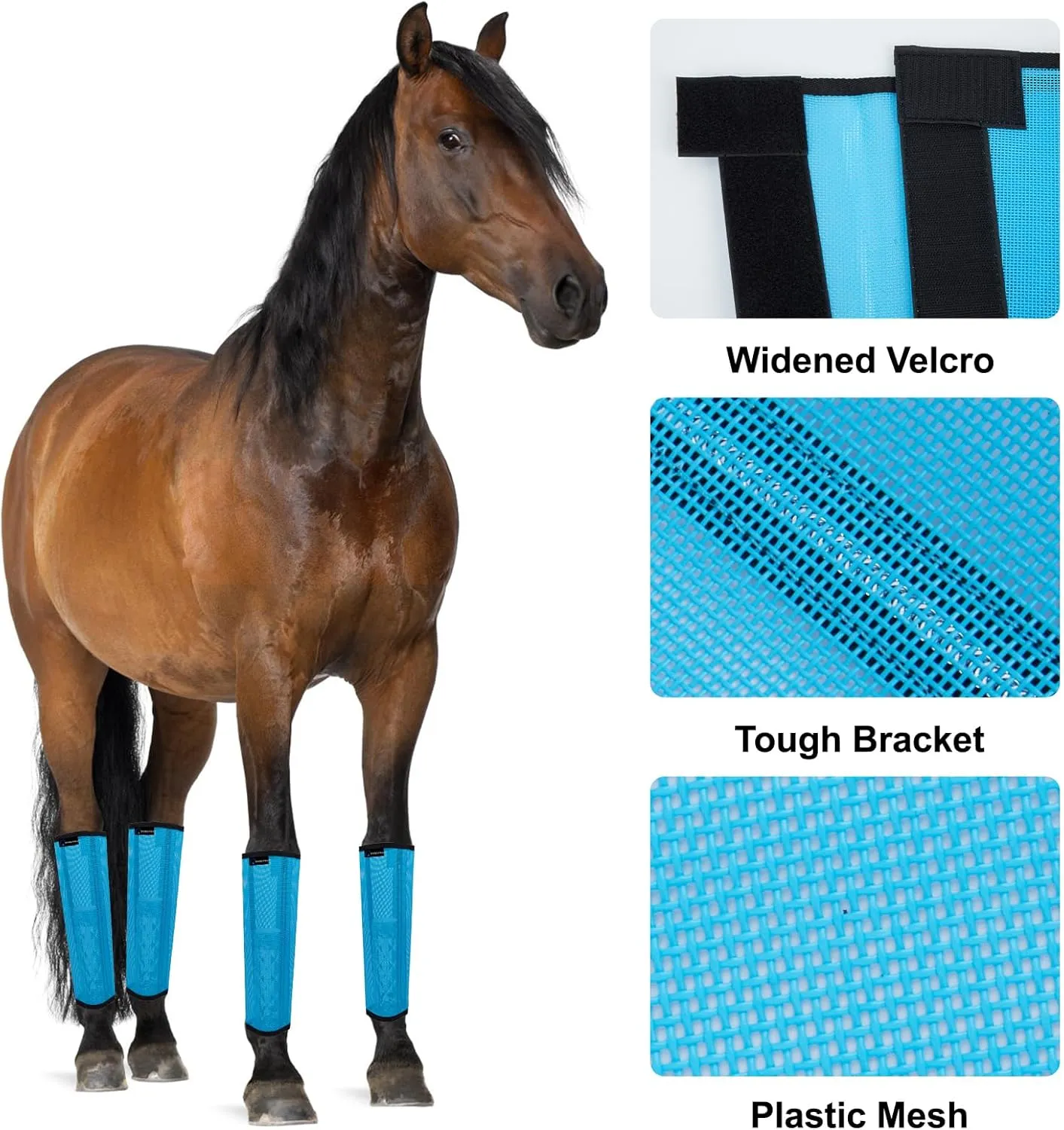 FOXLVDA Horse Fly Boots - Fly Boots for Horses Set of 4, Comfortable Pony Leggings, Mesh Material Design with Metal Support Bars, Equine Boots for Reduces Stomping & Leg Fatigue (Blue, Medium)
