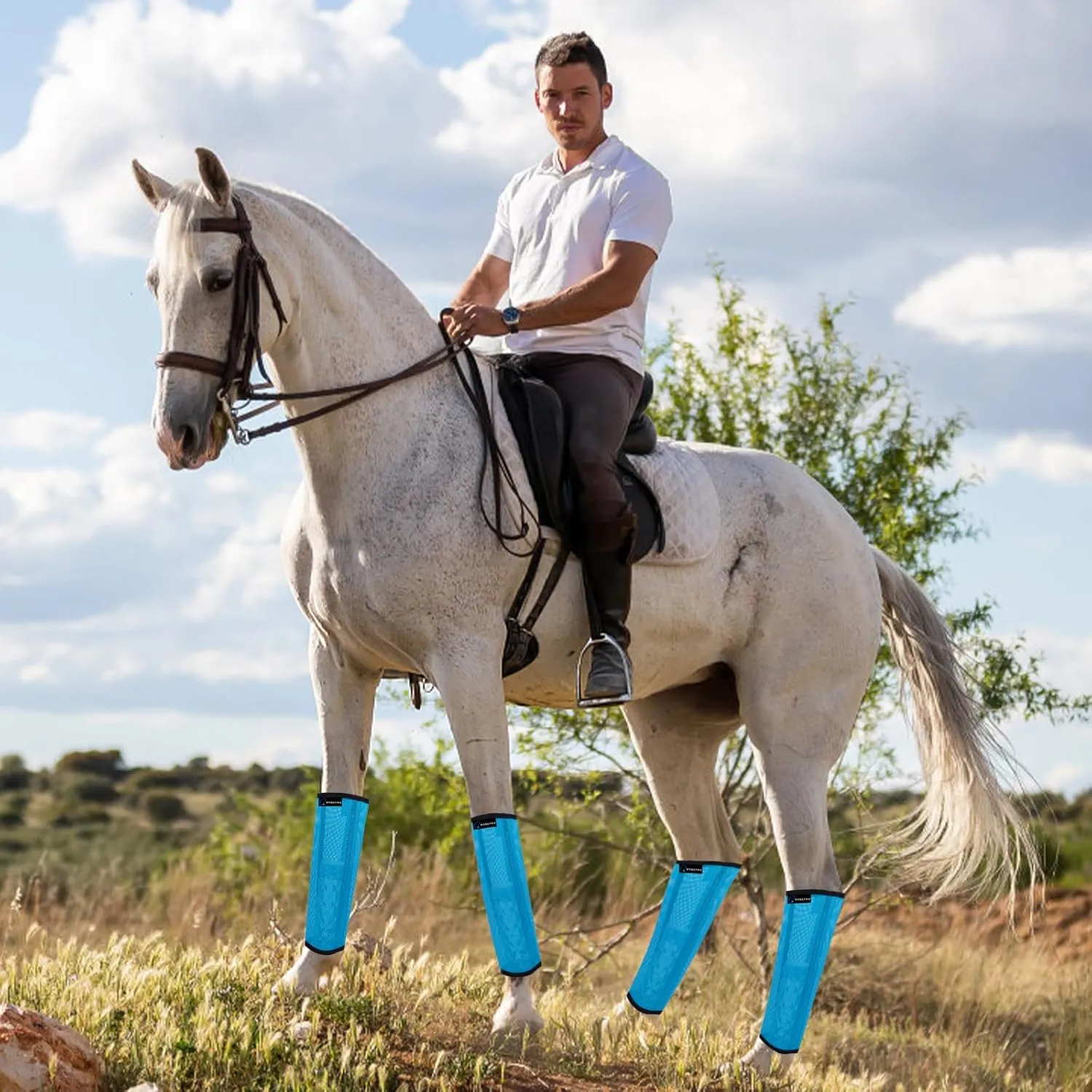 FOXLVDA Horse Fly Boots - Fly Boots for Horses Set of 4, Comfortable Pony Leggings, Mesh Material Design with Metal Support Bars, Equine Boots for Reduces Stomping & Leg Fatigue (Blue, Medium)