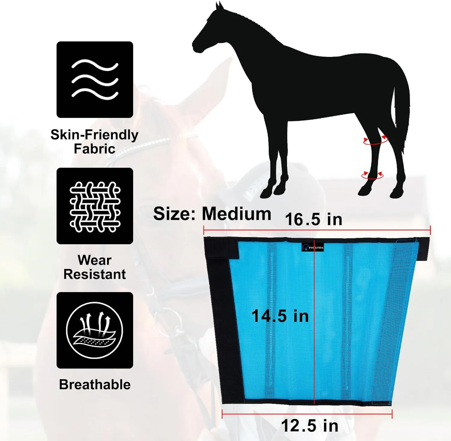 FOXLVDA Horse Fly Boots - Fly Boots for Horses Set of 4, Comfortable Pony Leggings, Mesh Material Design with Metal Support Bars, Equine Boots for Reduces Stomping & Leg Fatigue (Blue, Medium)
