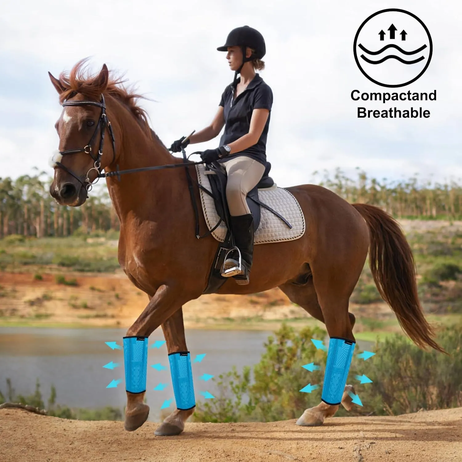 FOXLVDA Horse Fly Boots - Fly Boots for Horses Set of 4, Comfortable Pony Leggings, Mesh Material Design with Metal Support Bars, Equine Boots for Reduces Stomping & Leg Fatigue (Blue, Medium)