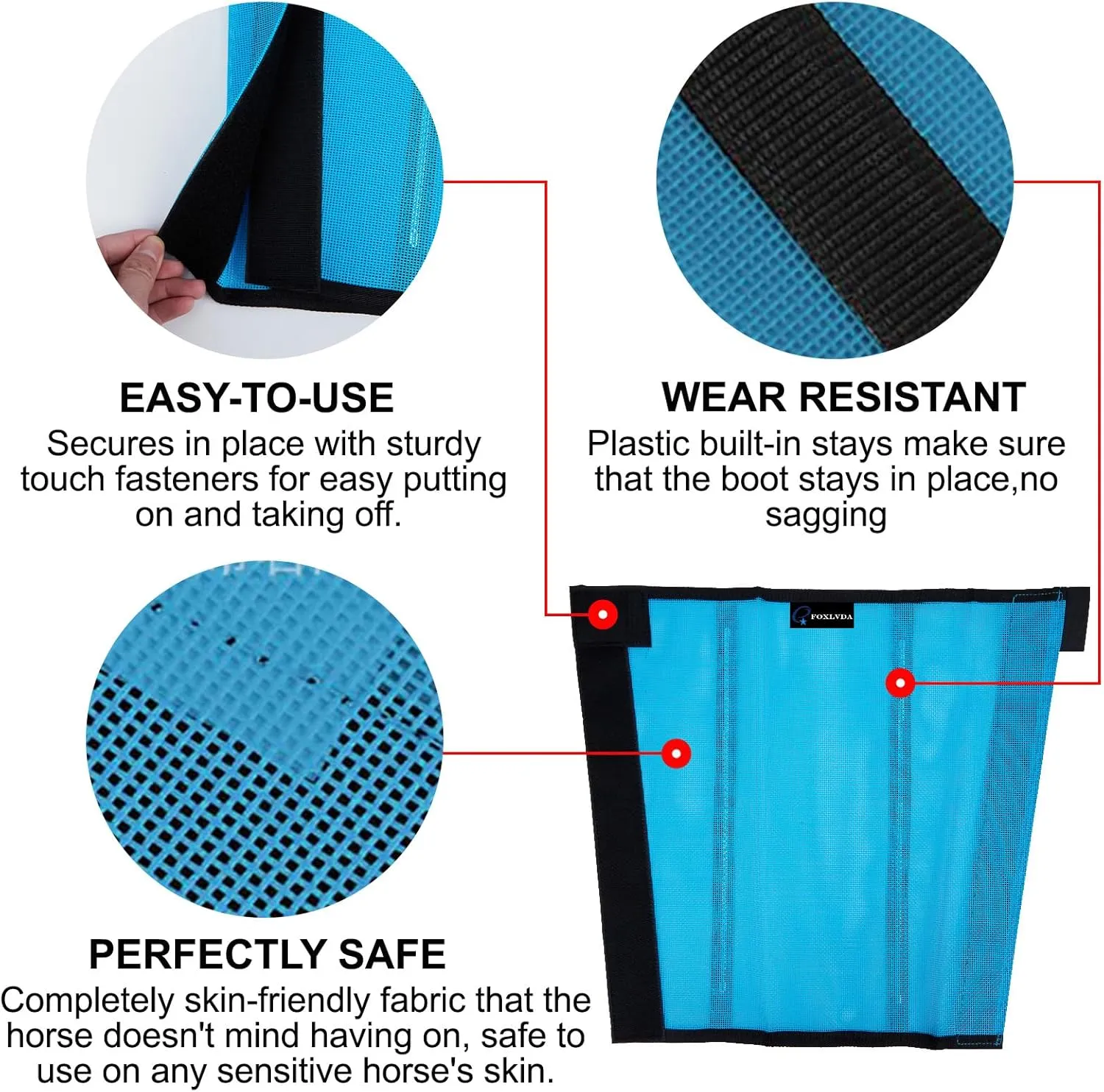 FOXLVDA Horse Fly Boots - Fly Boots for Horses Set of 4, Comfortable Pony Leggings, Mesh Material Design with Metal Support Bars, Equine Boots for Reduces Stomping & Leg Fatigue (Blue, Medium)