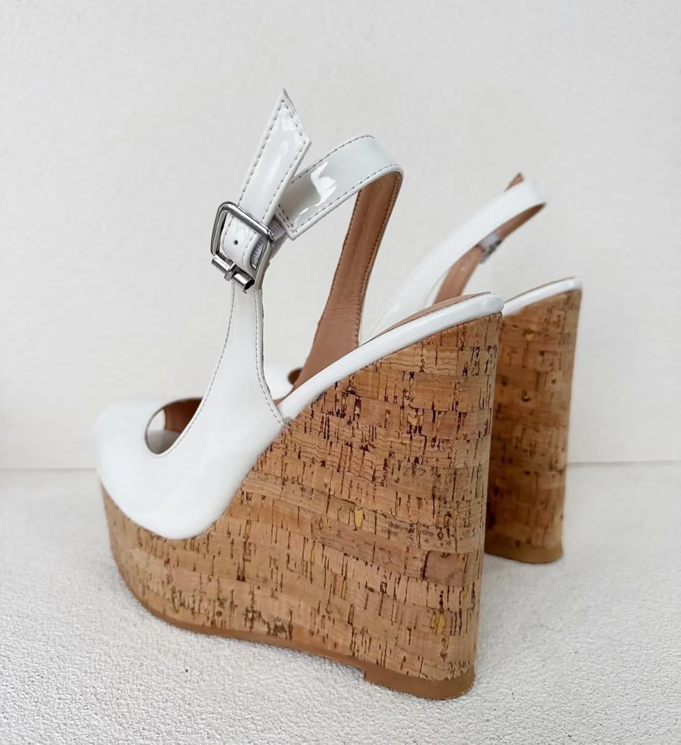 Frankie Hsu Sexy Platform Wedge Sandal, Stylish Peep Toe White Patent Wood Oak High Heeled Thick Style, Fashion Large Big US4-19 Size Silver Buckle Unisex Slingback Shoes For Women Men