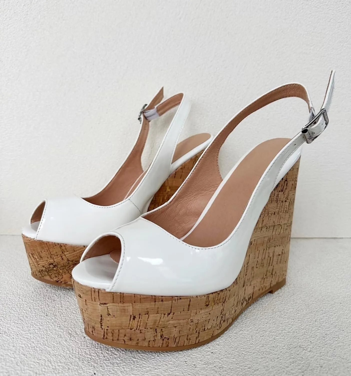 Frankie Hsu Sexy Platform Wedge Sandal, Stylish Peep Toe White Patent Wood Oak High Heeled Thick Style, Fashion Large Big US4-19 Size Silver Buckle Unisex Slingback Shoes For Women Men