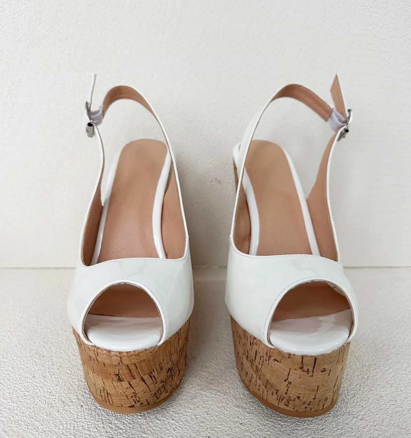 Frankie Hsu Sexy Platform Wedge Sandal, Stylish Peep Toe White Patent Wood Oak High Heeled Thick Style, Fashion Large Big US4-19 Size Silver Buckle Unisex Slingback Shoes For Women Men
