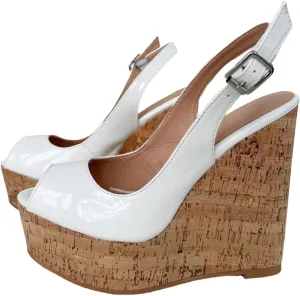 Frankie Hsu Sexy Platform Wedge Sandal, Stylish Peep Toe White Patent Wood Oak High Heeled Thick Style, Fashion Large Big US4-19 Size Silver Buckle Unisex Slingback Shoes For Women Men