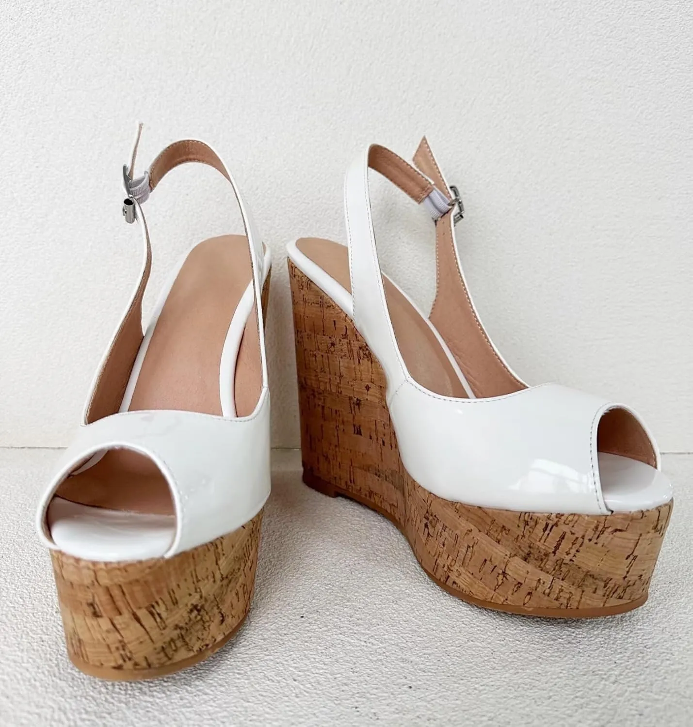 Frankie Hsu Sexy Platform Wedge Sandal, Stylish Peep Toe White Patent Wood Oak High Heeled Thick Style, Fashion Large Big US4-19 Size Silver Buckle Unisex Slingback Shoes For Women Men