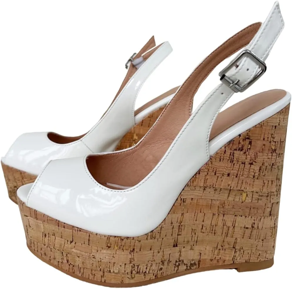 Frankie Hsu Sexy Platform Wedge Sandal, Stylish Peep Toe White Patent Wood Oak High Heeled Thick Style, Fashion Large Big US4-19 Size Silver Buckle Unisex Slingback Shoes For Women Men
