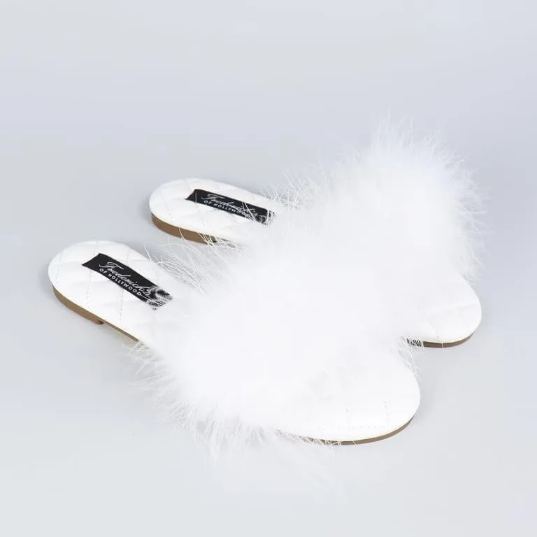 FREDERICK'S OF HOLLYWOOD Feather Flat Sandal with Quilted Foot Bed - Stylish Women's Summer Sandals with Elegant Feather Detailing, FOH-MAXIM