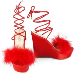 FREDERICK'S OF HOLLYWOOD Open Toe Feather Tie-Up Wedge Heel Sandals - Chic Women's Summer Footwear with Elegant Feather Detailing, FOH-ADRIANA