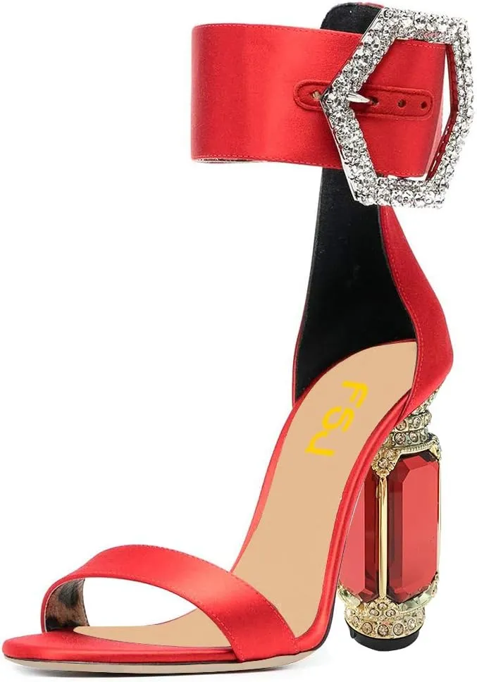 FSJ Women Open Toe Stylish Sandal Ankle Strap Chunky Block High Thick Heels Wedding Party Ballroom Prom Shoes US Size 4-15 US