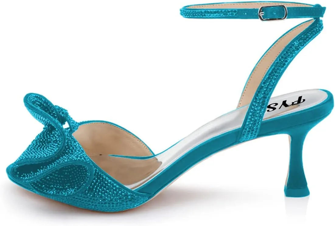 FYS Women Cute Rhinestones Bow Peep Toe Low Kitten Heel Ankle Strap Sandals Satin Dress Pumps Wedding Banquet Ladies Shoes Size 4-15 US