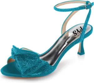 FYS Women Cute Rhinestones Bow Peep Toe Low Kitten Heel Ankle Strap Sandals Satin Dress Pumps Wedding Banquet Ladies Shoes Size 4-15 US
