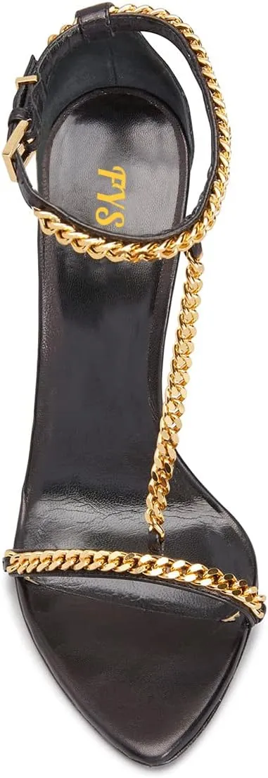 FYS Women Stylish Chain T-Strap Sandals Open Toe Gold Metal Chunky High Heel Ankle Strap Pumps with Buckled Dress Prom Party Shoes Size 4-15 US