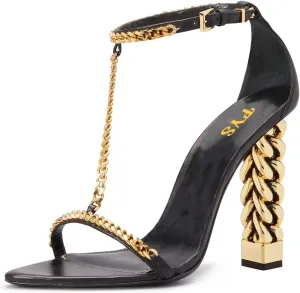 FYS Women Stylish Chain T-Strap Sandals Open Toe Gold Metal Chunky High Heel Ankle Strap Pumps with Buckled Dress Prom Party Shoes Size 4-15 US