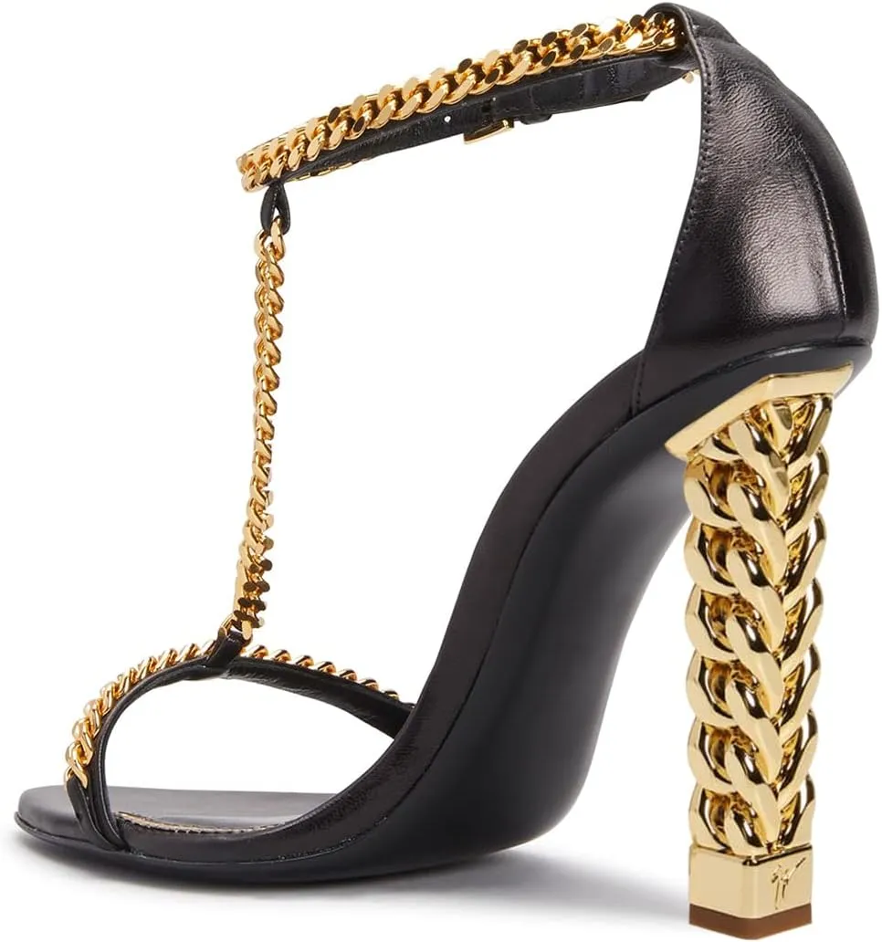 FYS Women Stylish Chain T-Strap Sandals Open Toe Gold Metal Chunky High Heel Ankle Strap Pumps with Buckled Dress Prom Party Shoes Size 4-15 US
