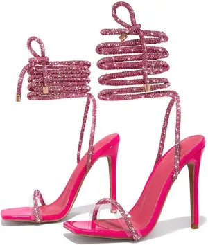 GATUXUS Sexy Women's Stilettos High Heel Gladiator Strappy Sandals Square Toe Lace Up Dressy Pumps Shoes