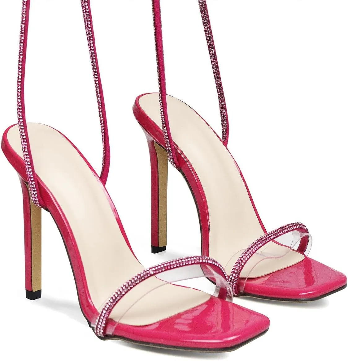 GATUXUS Sexy Women's Stilettos High Heel Gladiator Strappy Sandals Square Toe Lace Up Dressy Pumps Shoes