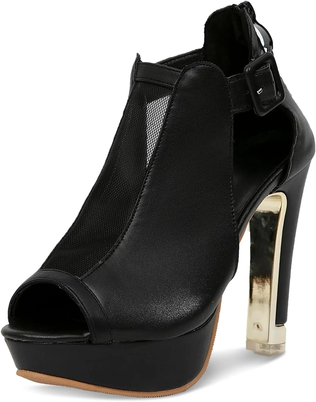 GATUXUS Women's Block Heels Cutout Ankle Booties Peep Toe Back Zipper High Heeled Sandals Dress Shoes