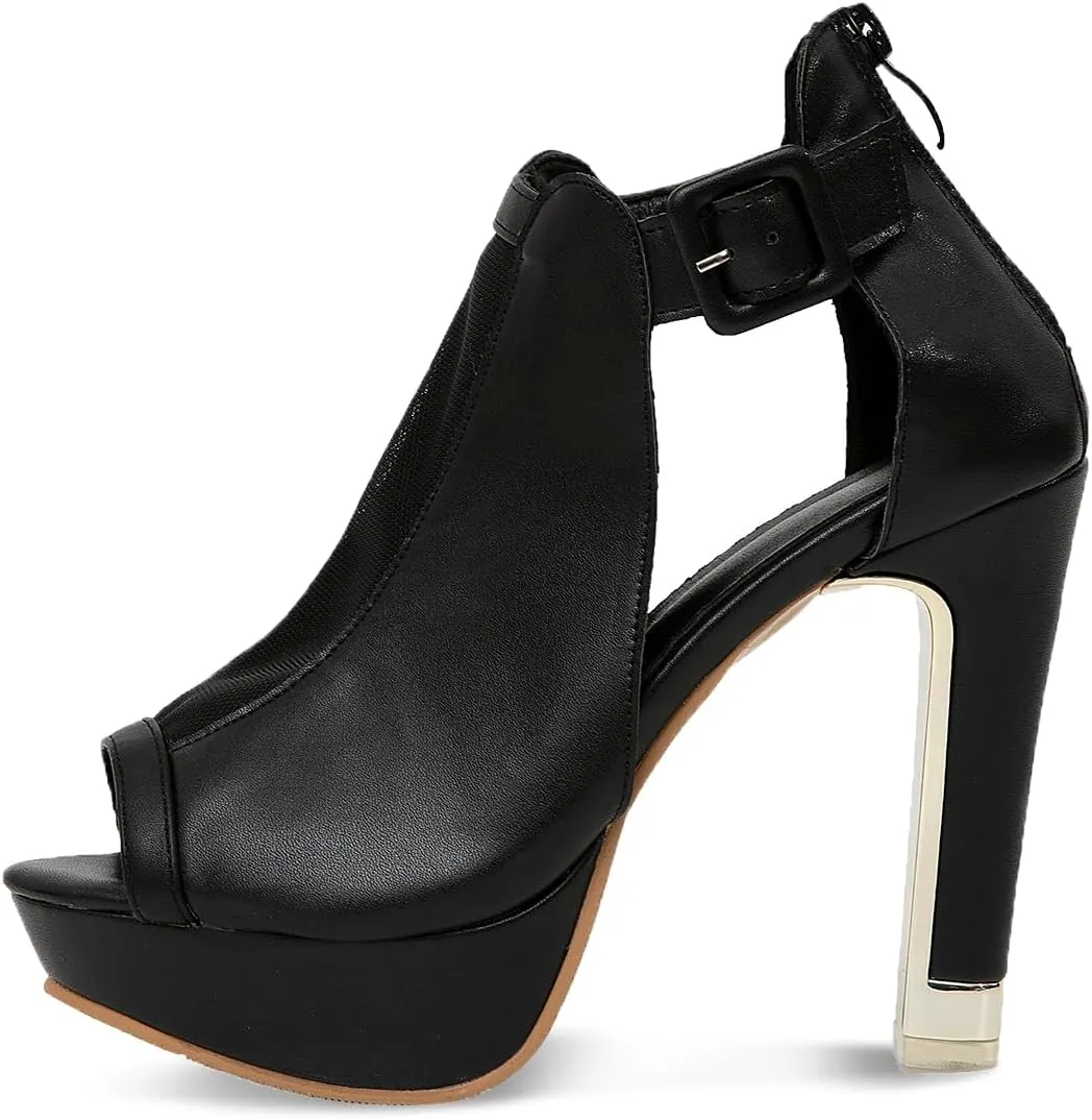 GATUXUS Women's Block Heels Cutout Ankle Booties Peep Toe Back Zipper High Heeled Sandals Dress Shoes