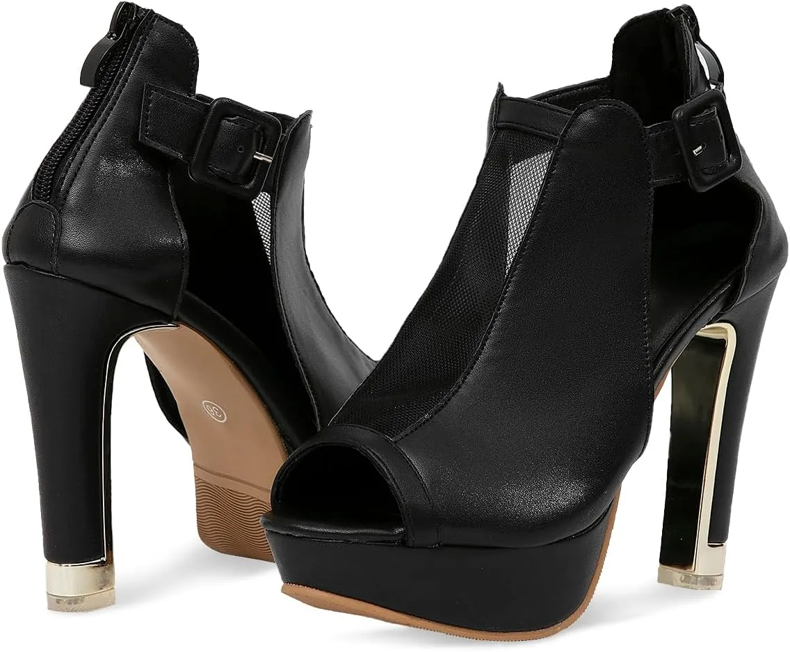 GATUXUS Women's Block Heels Cutout Ankle Booties Peep Toe Back Zipper High Heeled Sandals Dress Shoes