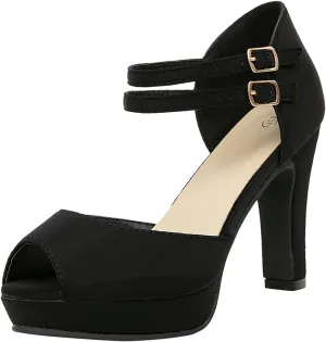 GATUXUS Women's Chunky High Heels Sandals Open Toe Platform Ankle Strappy Sandals Dress Shoes