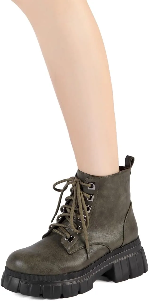 GATUXUS Women's Lace Up Combat Ankle Boots Fashion Low Chunky Heels Lug Sole Platform Hiking Booties Shoes