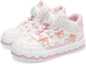 Geerta Cute Bow Shoes の Girls High Top Chunky Sneaker Pretty Pastel Y2K Aesthetic Lolita Platform Thick Sole Japanese Kawaii Retro Gothic Vintage White Doll Shoes for Kids Women