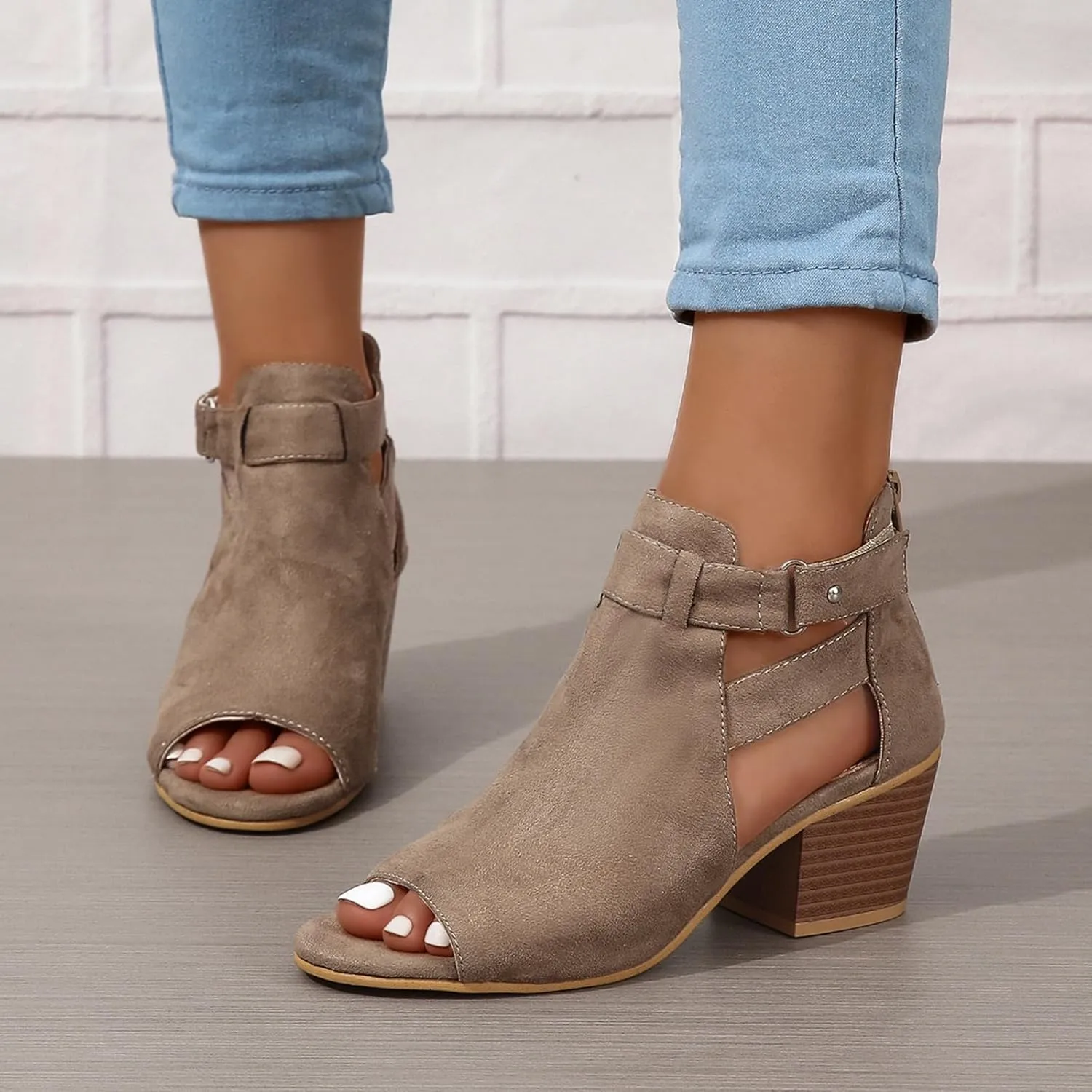 Generic Womens Peep Toe Ankle Booties Chunky Heels Suede Side Cutout Back Zipper Sandals Ankle Strap Dressy Sandals