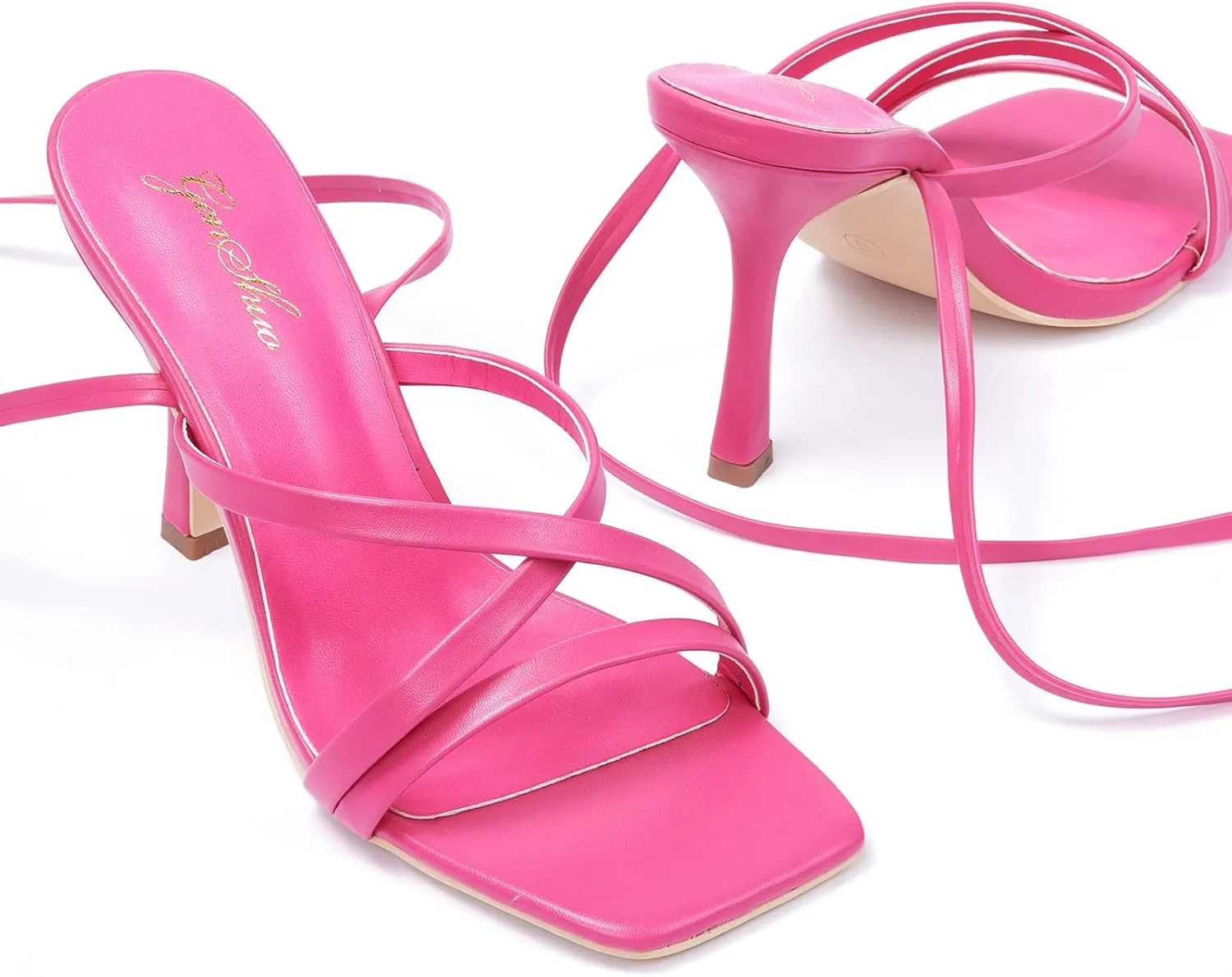 GENSHUO Women's heeled Sandals Strappy Lace up Stiletto High Heel Sandals Square Toe Sandals Tie up Heels Sandals for Party Prom Homecoming Dress Shoes
