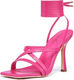 GENSHUO Women's heeled Sandals Strappy Lace up Stiletto High Heel Sandals Square Toe Sandals Tie up Heels Sandals for Party Prom Homecoming Dress Shoes