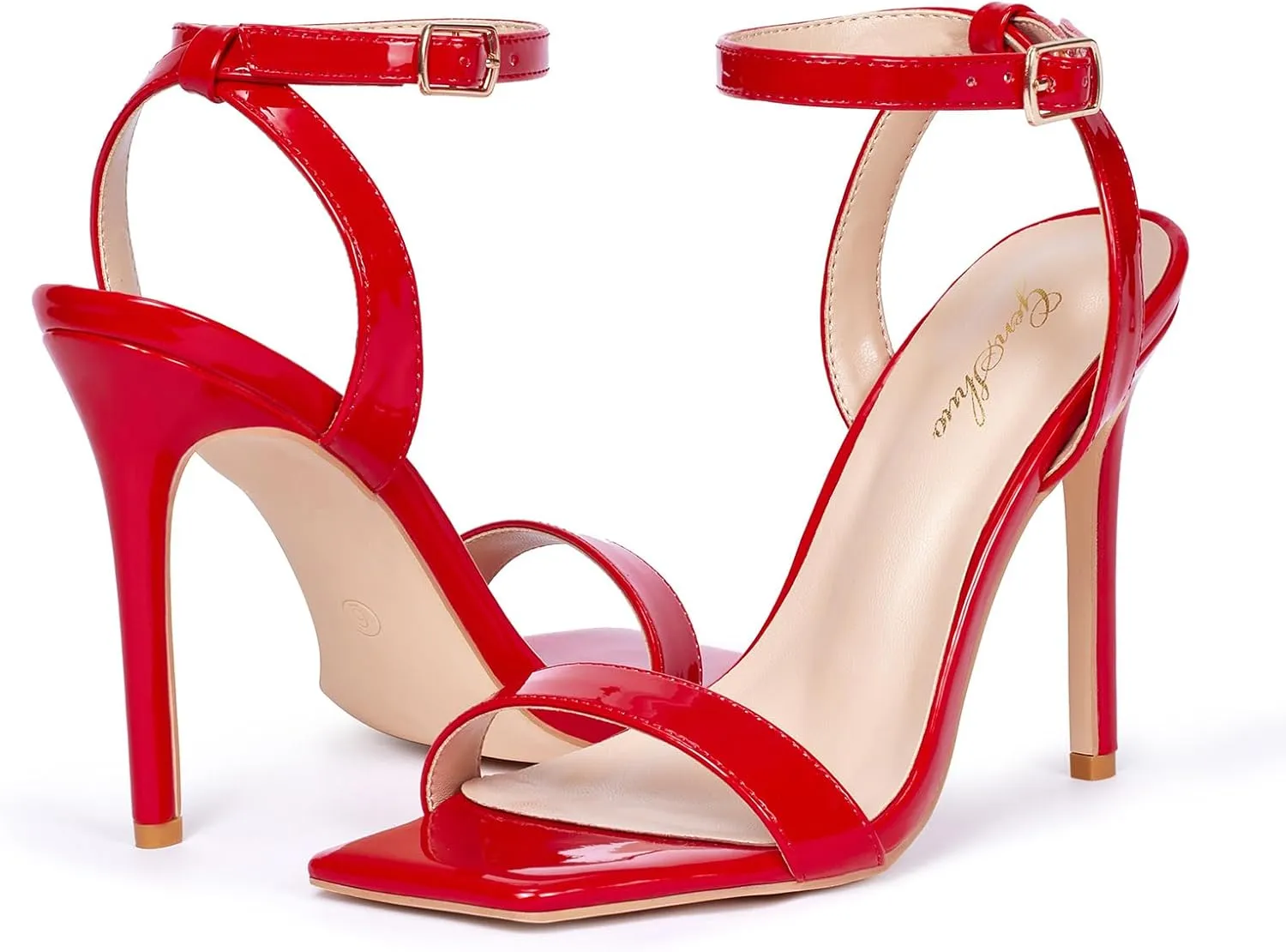 GENSHUO Women's High Heels Ankle Buckle Strap Stilettos Open Square Toe Dressy Sexy Strappy Sandals for Party Prom Homecoming Dressy Shoes