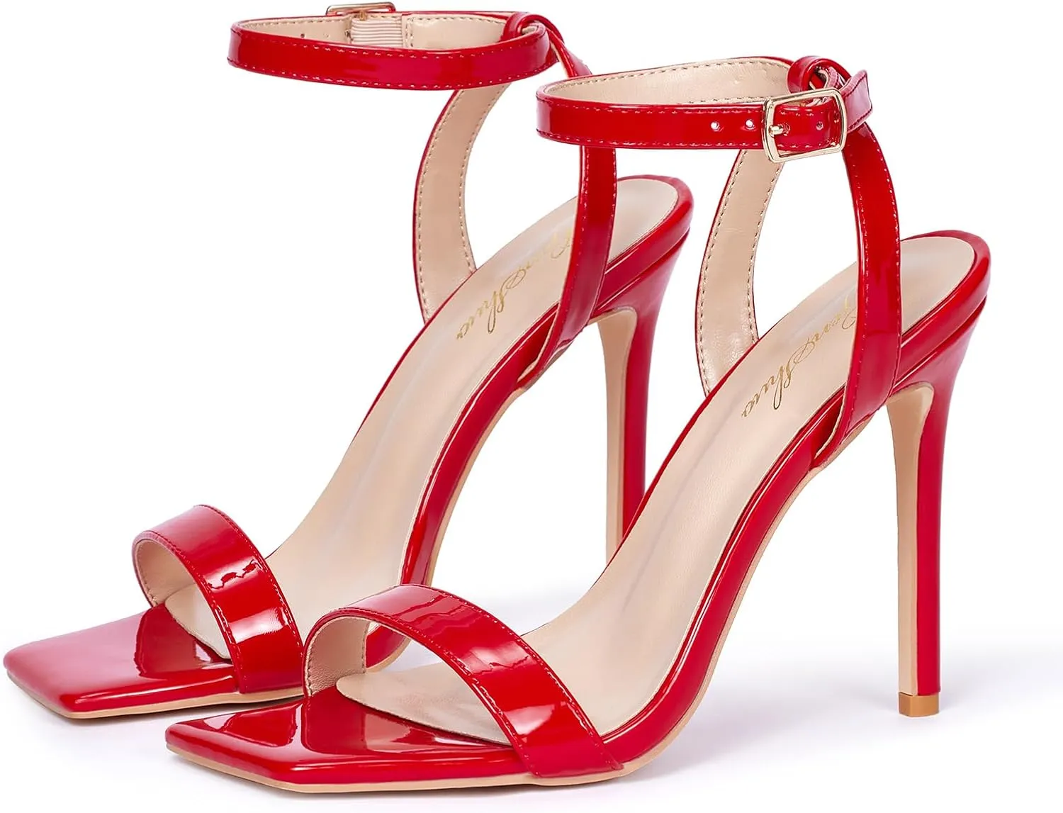 GENSHUO Women's High Heels Ankle Buckle Strap Stilettos Open Square Toe Dressy Sexy Strappy Sandals for Party Prom Homecoming Dressy Shoes