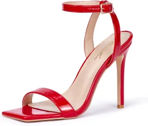 GENSHUO Women's High Heels Ankle Buckle Strap Stilettos Open Square Toe Dressy Sexy Strappy Sandals for Party Prom Homecoming Dressy Shoes
