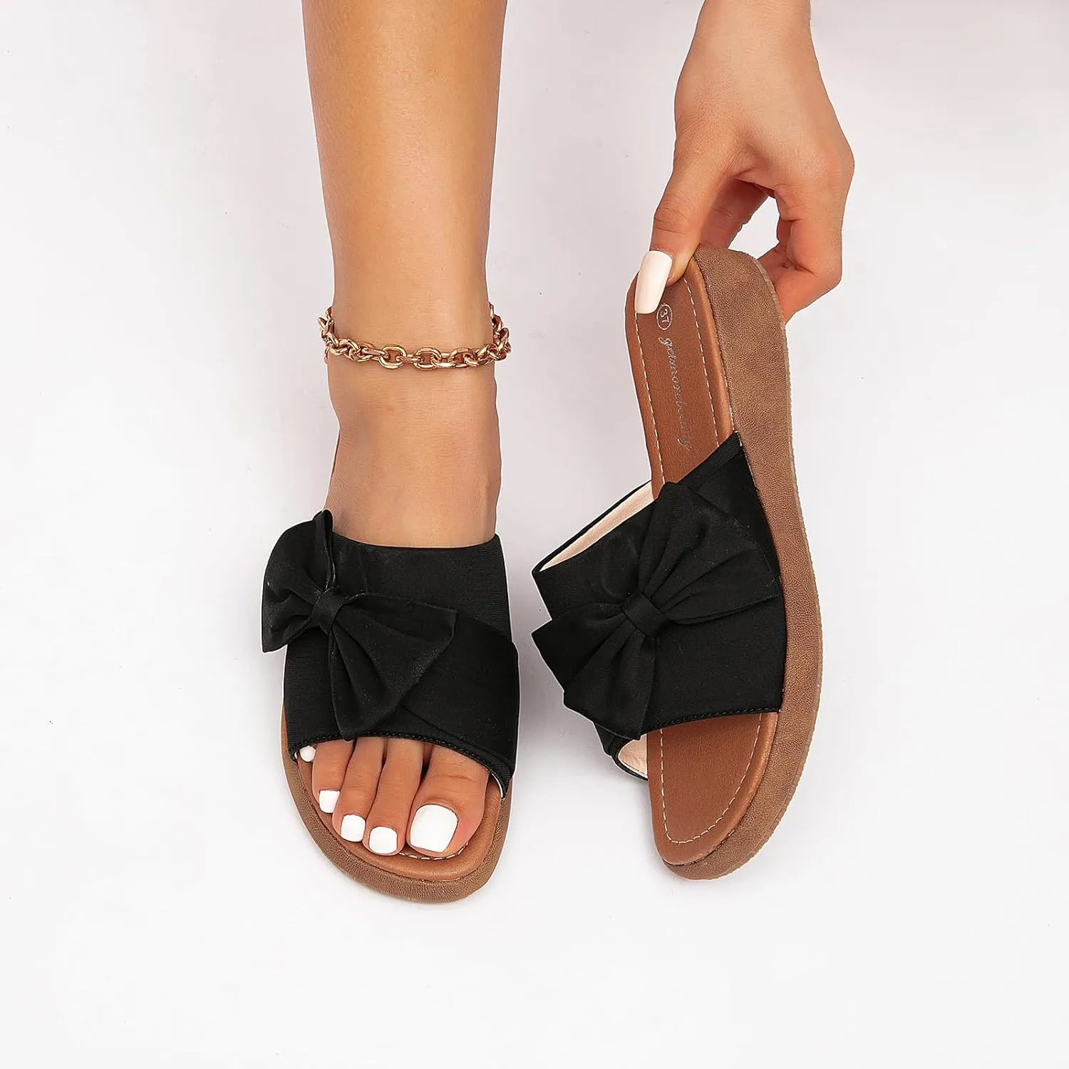 getmorebeauty Women's Cute Bow Wedge Sandals Slip On Open Toe Mules Clogs Slides Sandals Summer Shoes