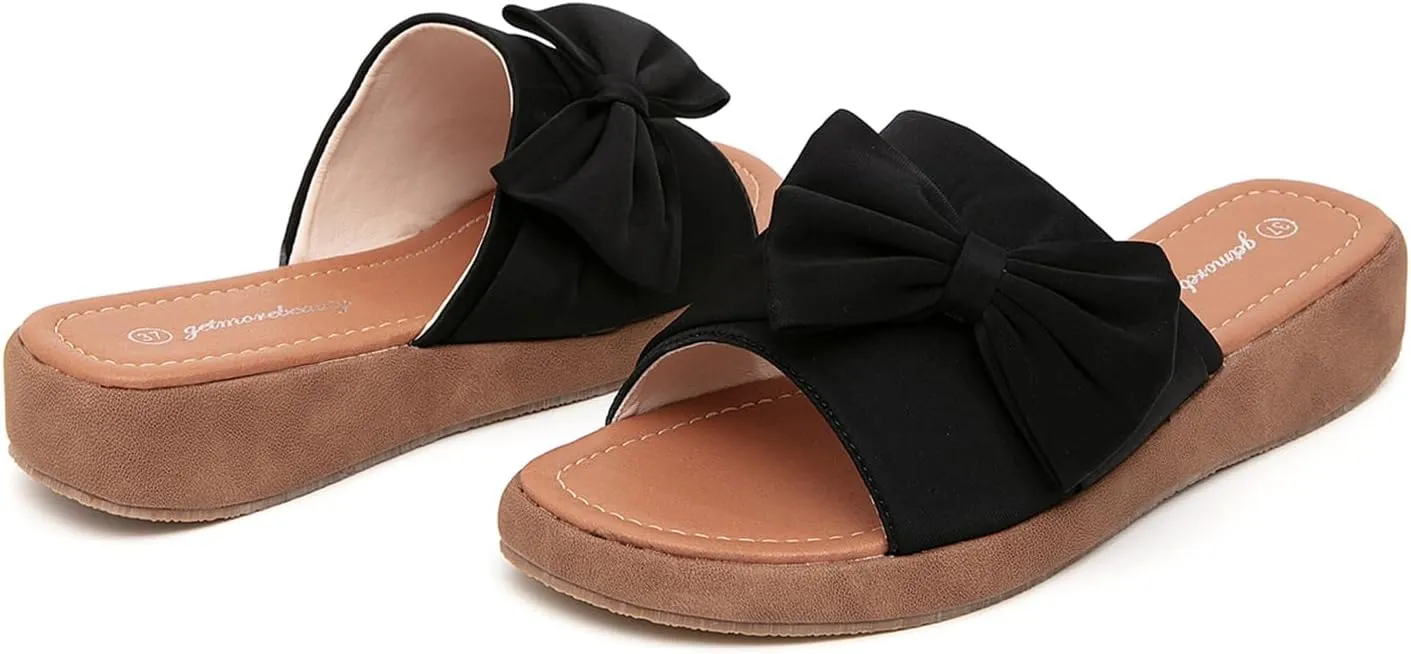 getmorebeauty Women's Cute Bow Wedge Sandals Slip On Open Toe Mules Clogs Slides Sandals Summer Shoes