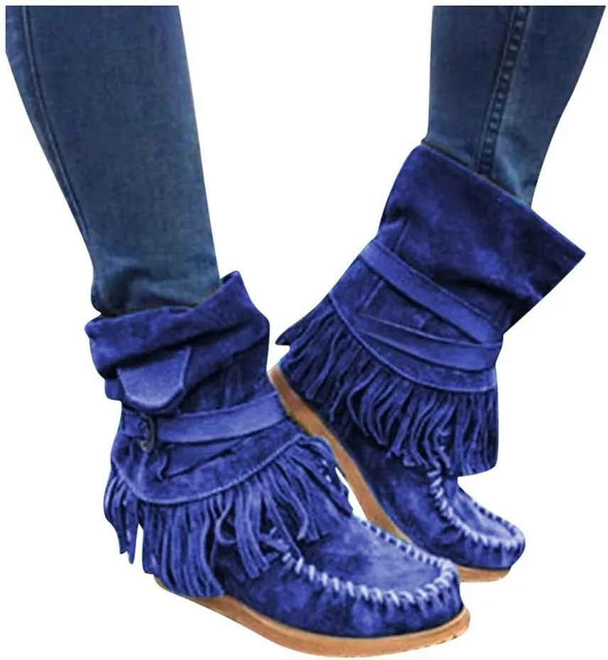 Gibobby Ankle Booties for Women Low Heel,Western Fringe Chunky Pointy Toe Boots Tassel Stacked Heel Suede Ankle Boots