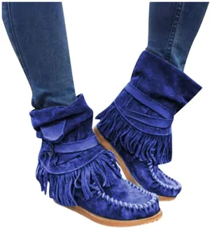 Gibobby Ankle Booties for Women Low Heel,Western Fringe Chunky Pointy Toe Boots Tassel Stacked Heel Suede Ankle Boots
