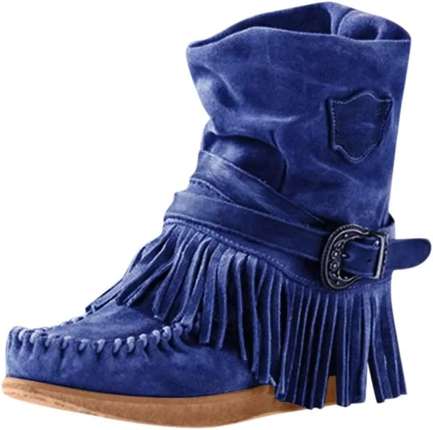 Gibobby Ankle Booties for Women Low Heel,Western Fringe Chunky Pointy Toe Boots Tassel Stacked Heel Suede Ankle Boots