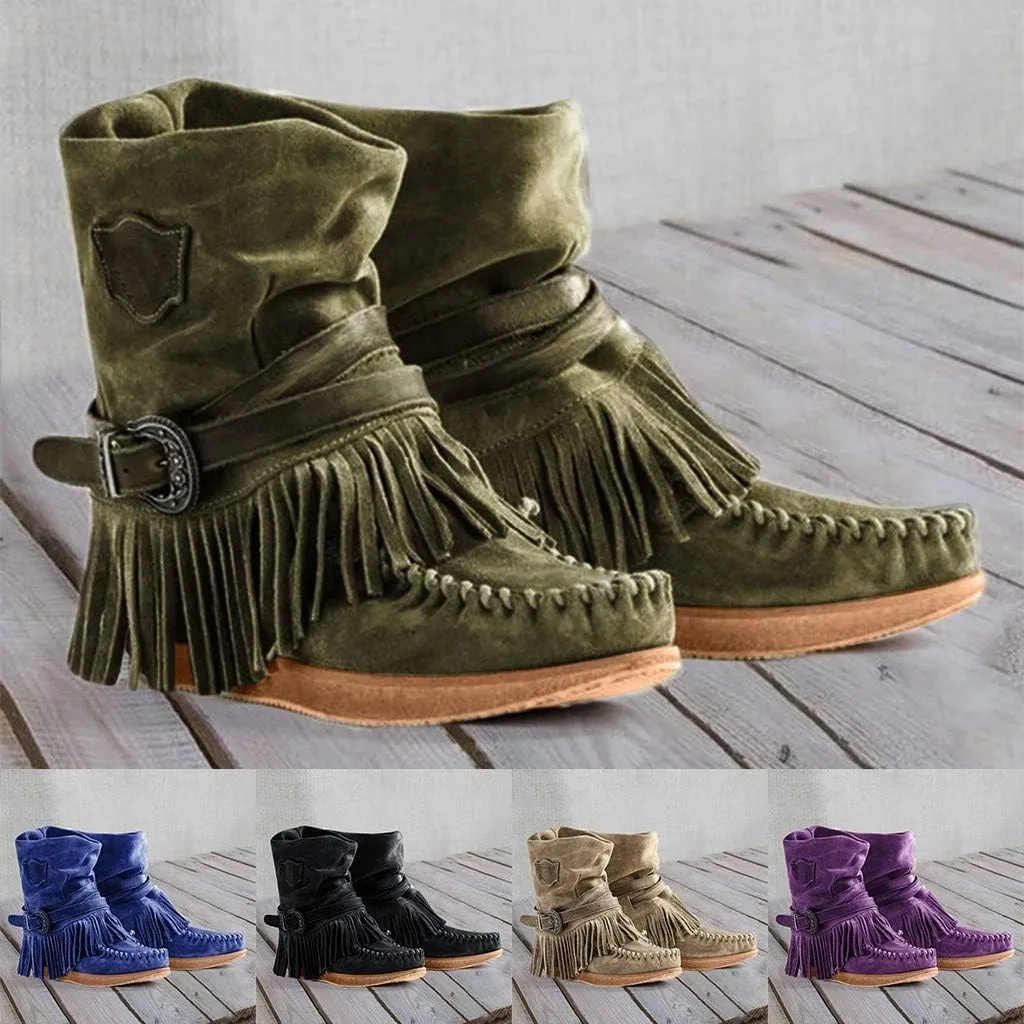 Gibobby Ankle Booties for Women Low Heel,Western Fringe Chunky Pointy Toe Boots Tassel Stacked Heel Suede Ankle Boots