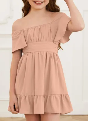 Girls Elegant Ruffle Short Sleeve Back Tie Dresses 6-13 Years Old