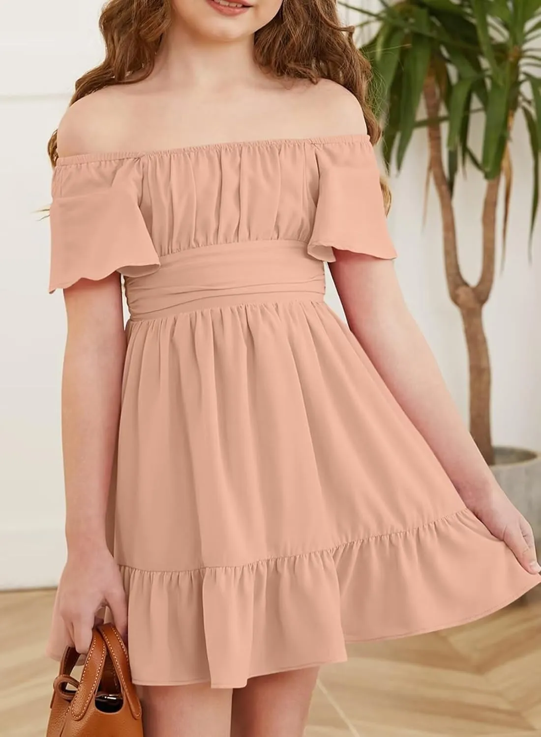 Girls Elegant Ruffle Short Sleeve Back Tie Dresses 6-13 Years Old