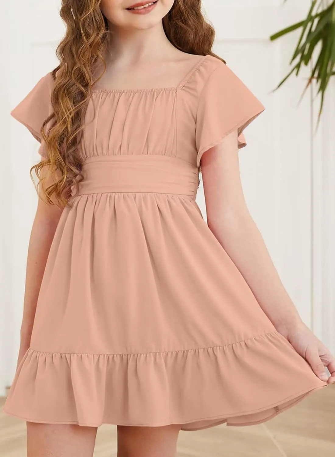 Girls Elegant Ruffle Short Sleeve Back Tie Dresses 6-13 Years Old