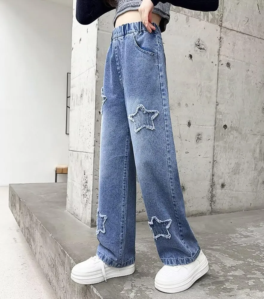 Girls Wide Leg Jeans Denim Elastic Wasit Baggy Ripped Distressed Pants