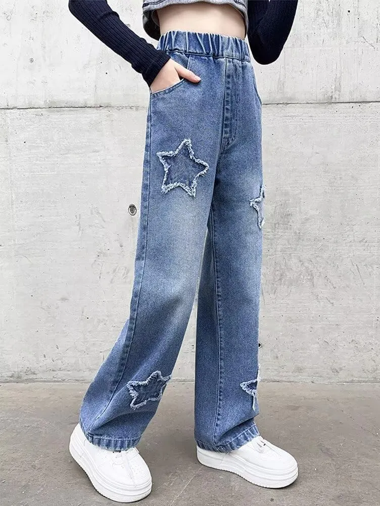 Girls Wide Leg Jeans Denim Elastic Wasit Baggy Ripped Distressed Pants
