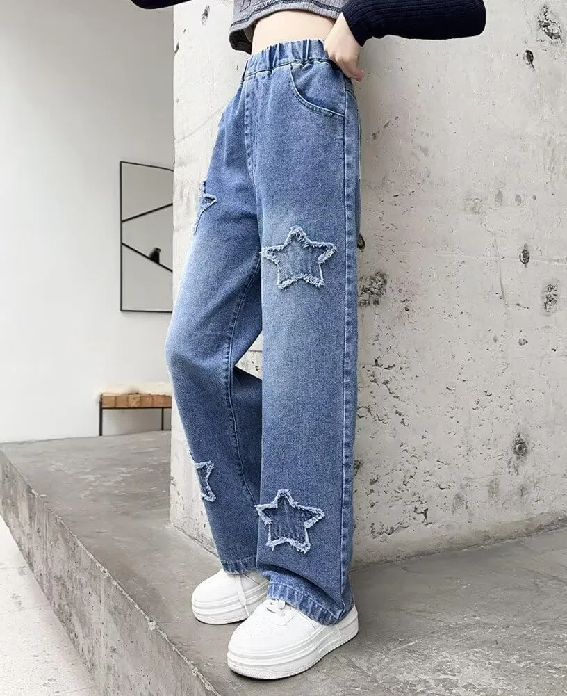 Girls Wide Leg Jeans Denim Elastic Wasit Baggy Ripped Distressed Pants
