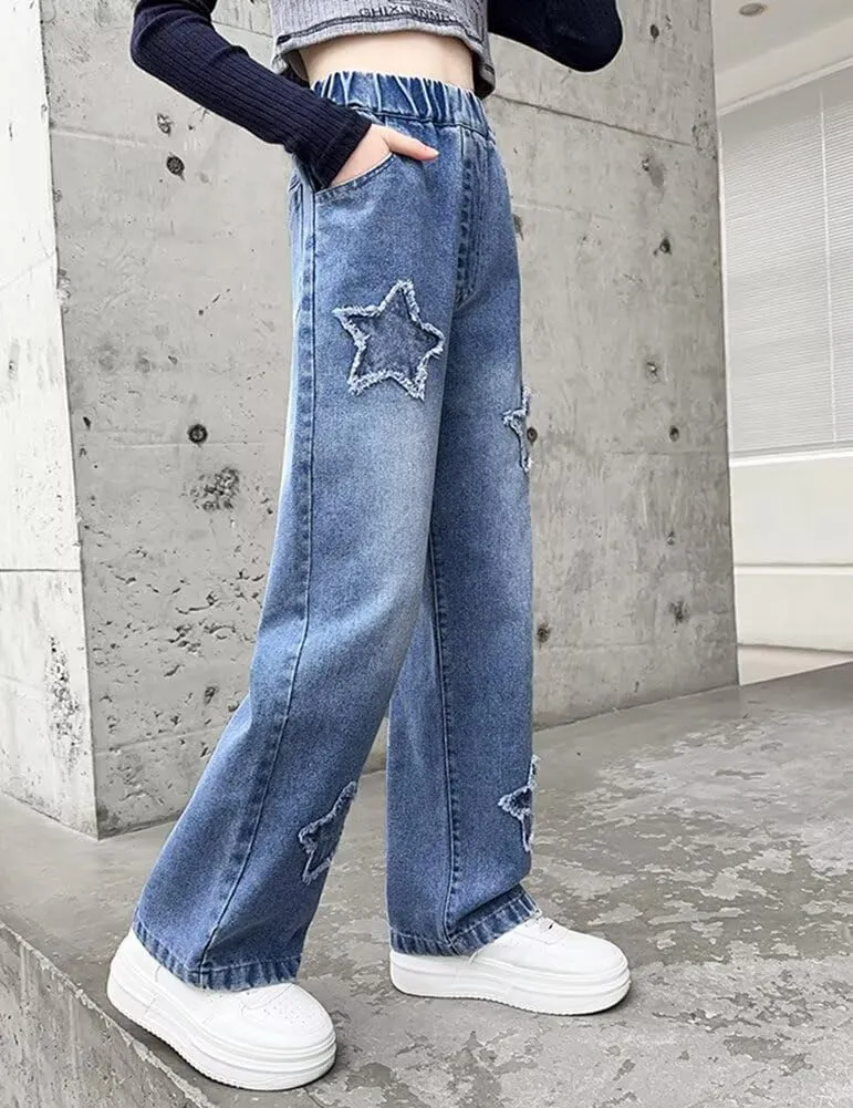 Girls Wide Leg Jeans Denim Elastic Wasit Baggy Ripped Distressed Pants