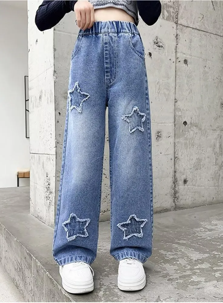 Girls Wide Leg Jeans Denim Elastic Wasit Baggy Ripped Distressed Pants